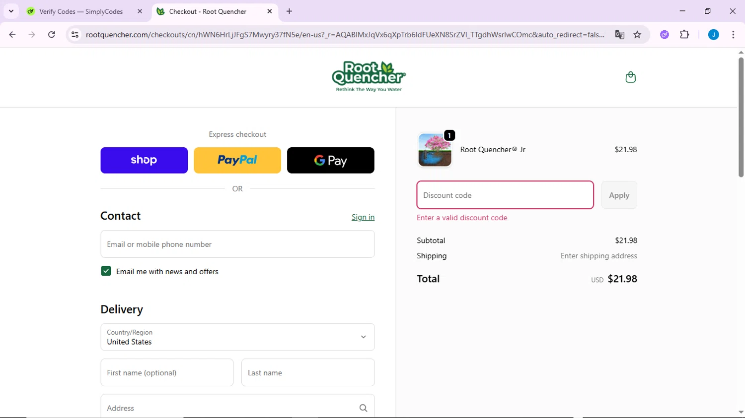 Root Quencher promo code screenshot showing code CM2025 applied at Root Quencher checkout page. Uploaded by SimplyCodes community member CodeLynx3161 on Dec 10, 2025