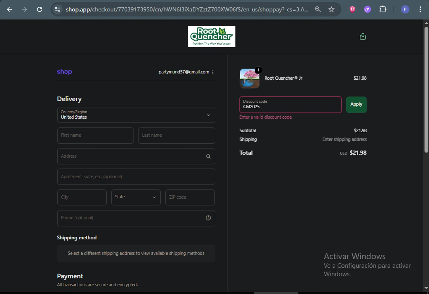 Root Quencher promo code screenshot showing code CM2025 applied at Root Quencher checkout page. Uploaded by SimplyCodes community member DealAce9542 on Dec 11, 2025