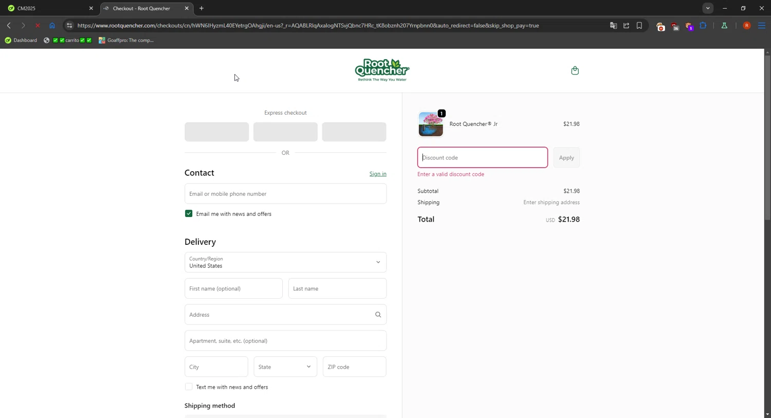 Root Quencher promo code screenshot showing code CM2025 applied at Root Quencher checkout page. Uploaded by SimplyCodes community member SavvyFinder1532 on Dec 11, 2025