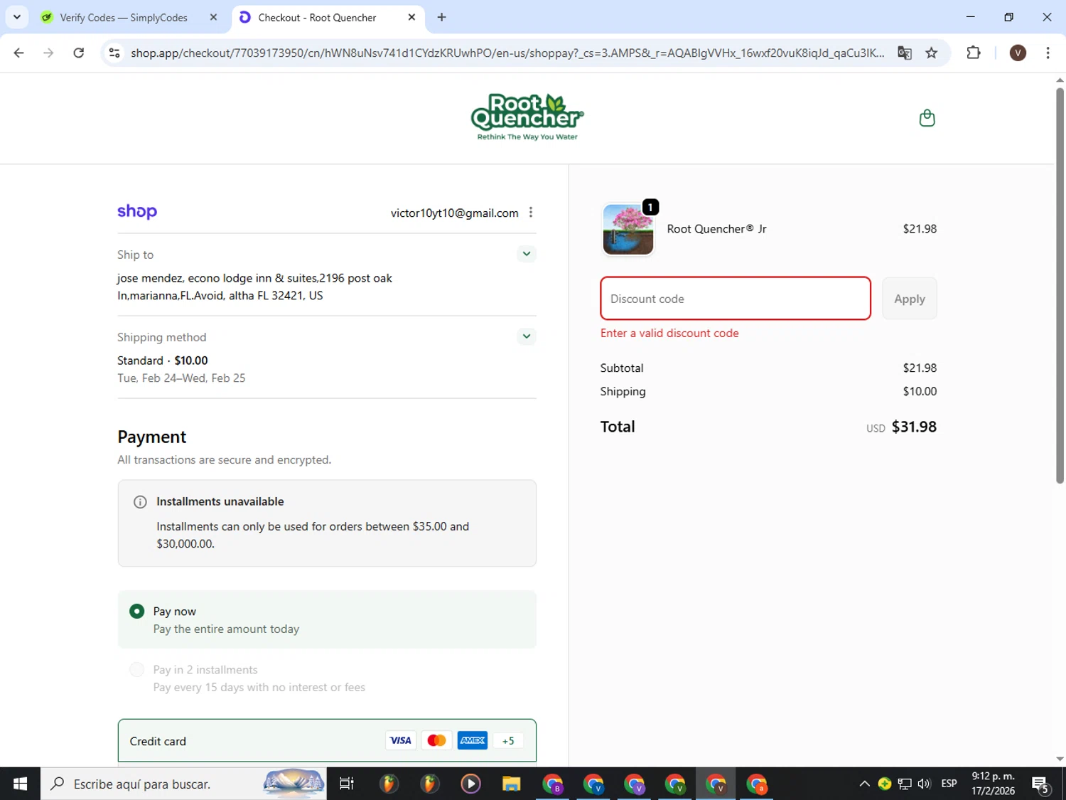 Root Quencher promo code screenshot showing code LOVE applied at Root Quencher checkout page. Uploaded by SimplyCodes community member CashLion3448 on Feb 18, 2026