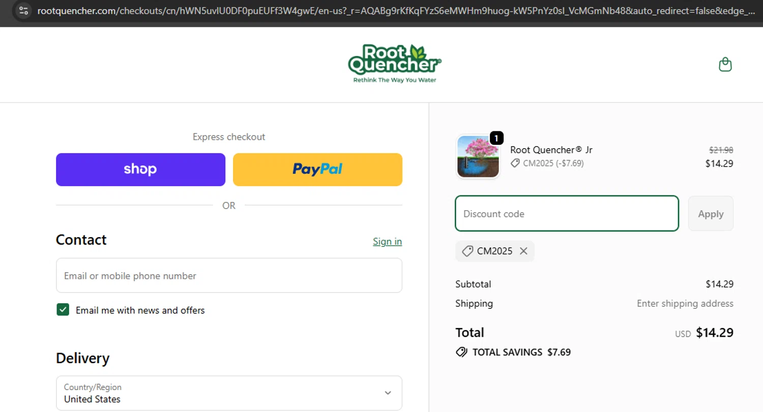 Root Quencher promo code screenshot showing code CM2025 applied at Root Quencher checkout page. Uploaded by SimplyCodes community member argenygalvez on Dec 1, 2025