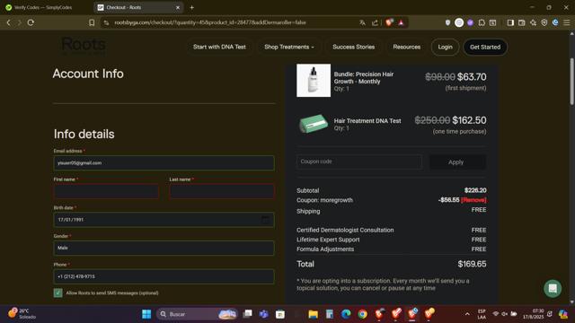 Roots by Genetic Arts checkout page showing Roots by Genetic Arts coupon code box | Screenshot taken by SimplyCodes community member on Aug 17, 2025