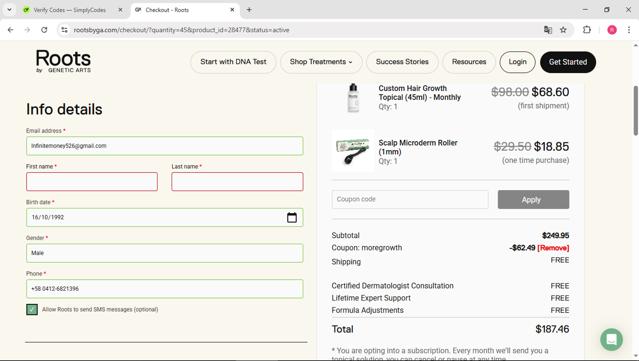 Roots by Genetic Arts checkout page showing Roots by Genetic Arts coupon code box | Screenshot taken by SimplyCodes community member on Sep 15, 2025
