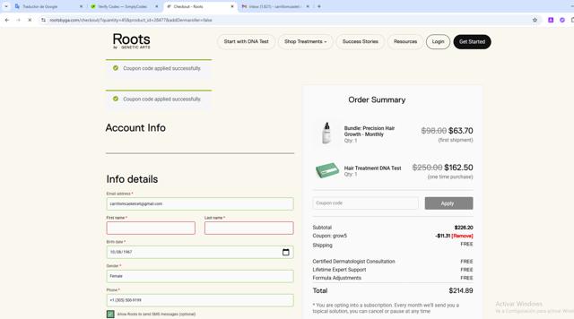 Roots by Genetic Arts checkout page showing Roots by Genetic Arts coupon code box | Screenshot taken by SimplyCodes community member on Aug 13, 2025