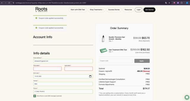 Roots by Genetic Arts checkout page showing Roots by Genetic Arts coupon code box | Screenshot taken by SimplyCodes community member on Aug 29, 2025