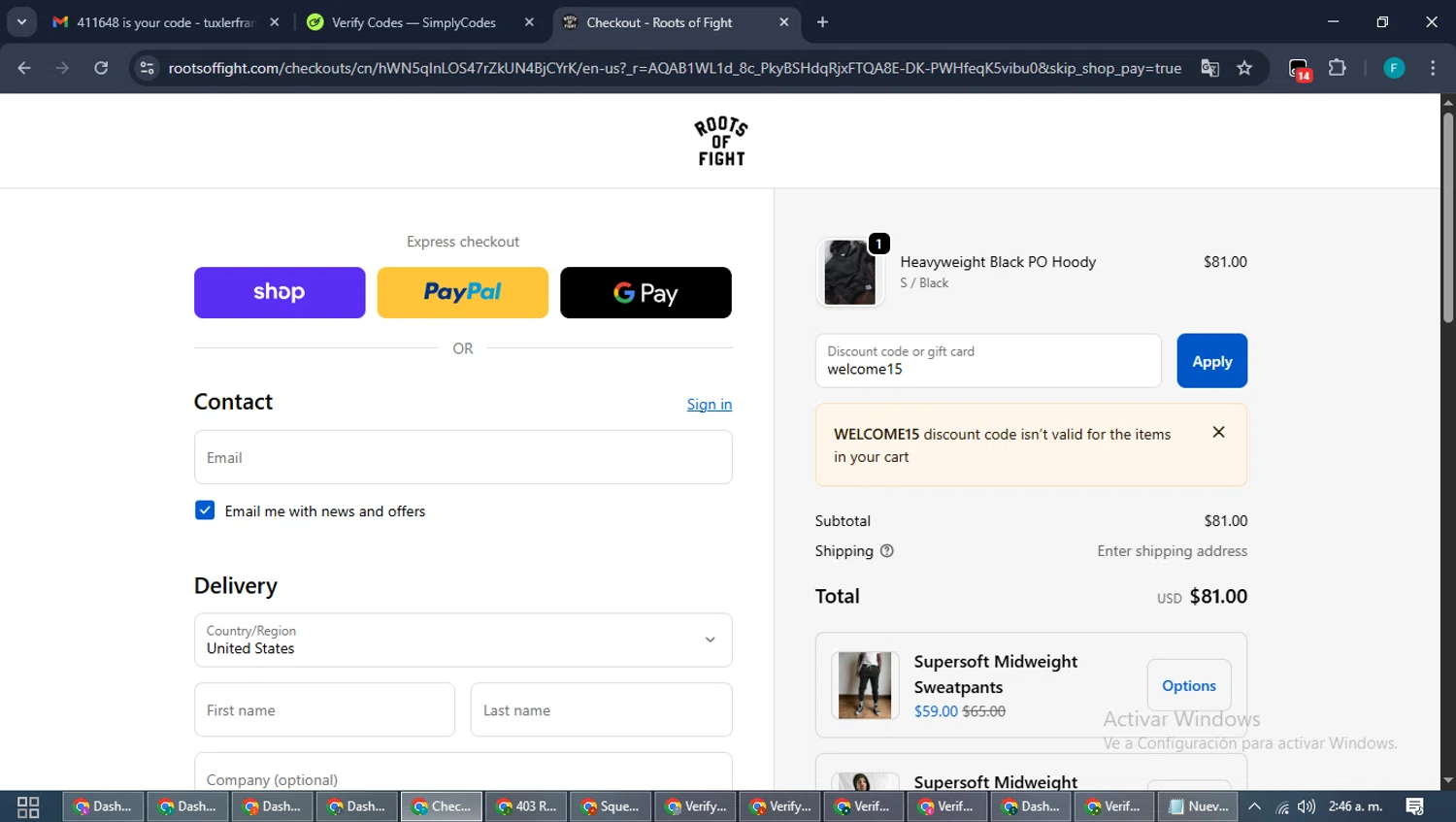 Roots of Fight discount code screenshot showing code welcome15 applied at Roots of Fight checkout page. Uploaded by SimplyCodes community member ShrewdTitan3233 on Nov 29, 2025