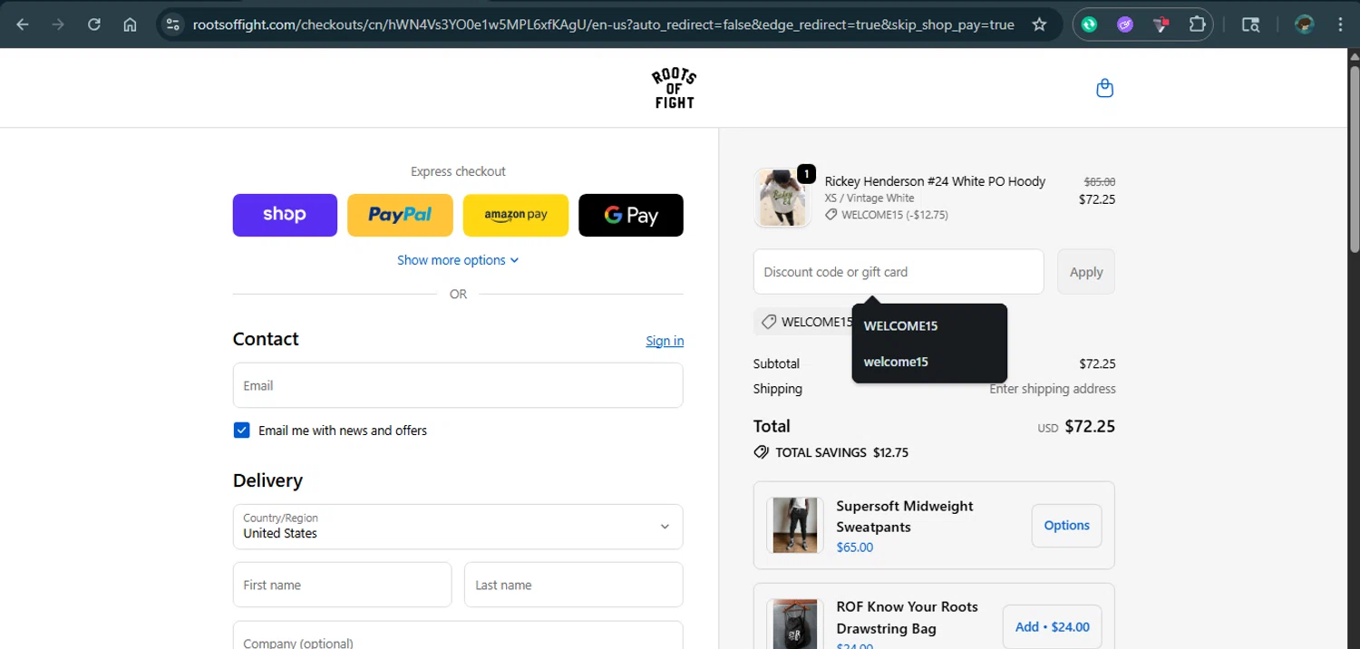 Roots of Fight discount code screenshot showing code welcome15 applied at Roots of Fight checkout page. Uploaded by SimplyCodes community member xAngel on Oct 25, 2025