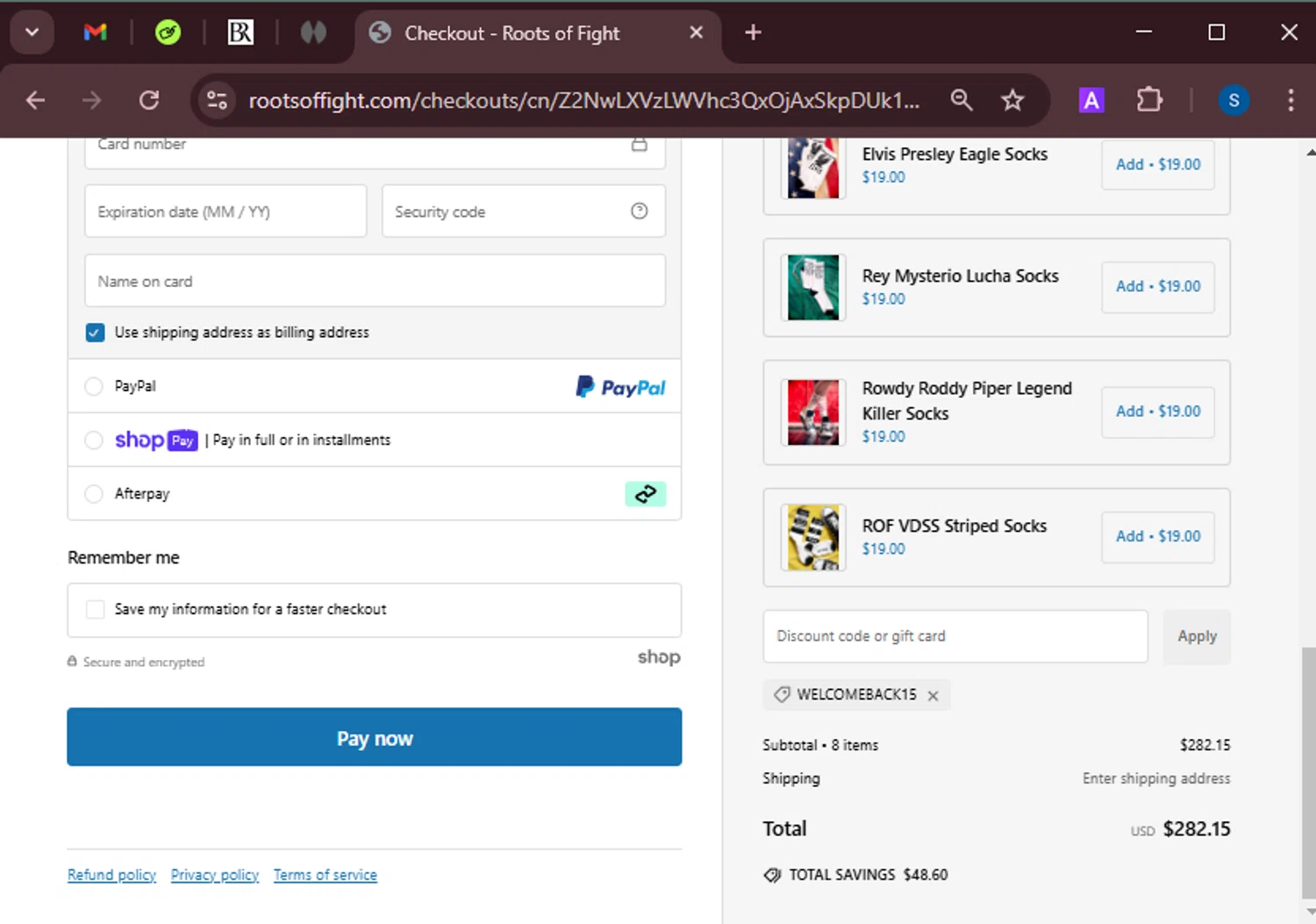 Roots of Fight discount code screenshot showing code WELCOMEBACK15 applied at Roots of Fight checkout page. Uploaded by SimplyCodes community member BrandoJose1 on Jan 24, 2025