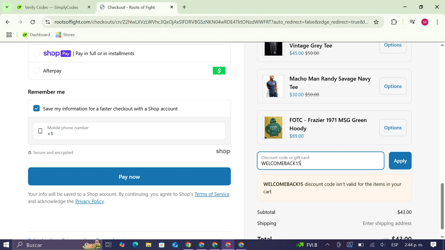 Roots of Fight discount code screenshot showing code WELCOMEBACK15 applied at Roots of Fight checkout page. Uploaded by SimplyCodes community member CouponAce9216 on Mar 27, 2025