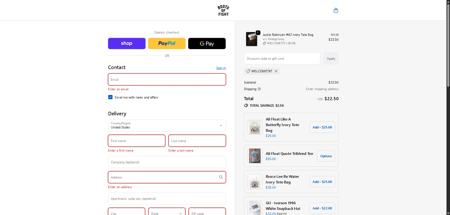 Roots of Fight discount code screenshot showing code WELCOMETXT applied at Roots of Fight checkout page. Uploaded by SimplyCodes community member VoucherHero1009 on Dec 7, 2025