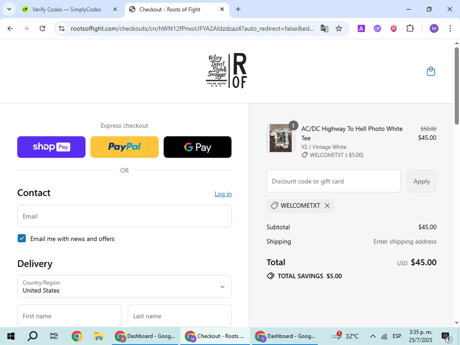 Roots of Fight discount code screenshot showing code WELCOMETXT applied at Roots of Fight checkout page. Uploaded by SimplyCodes community member VoucherScout6115 on Jul 25, 2025