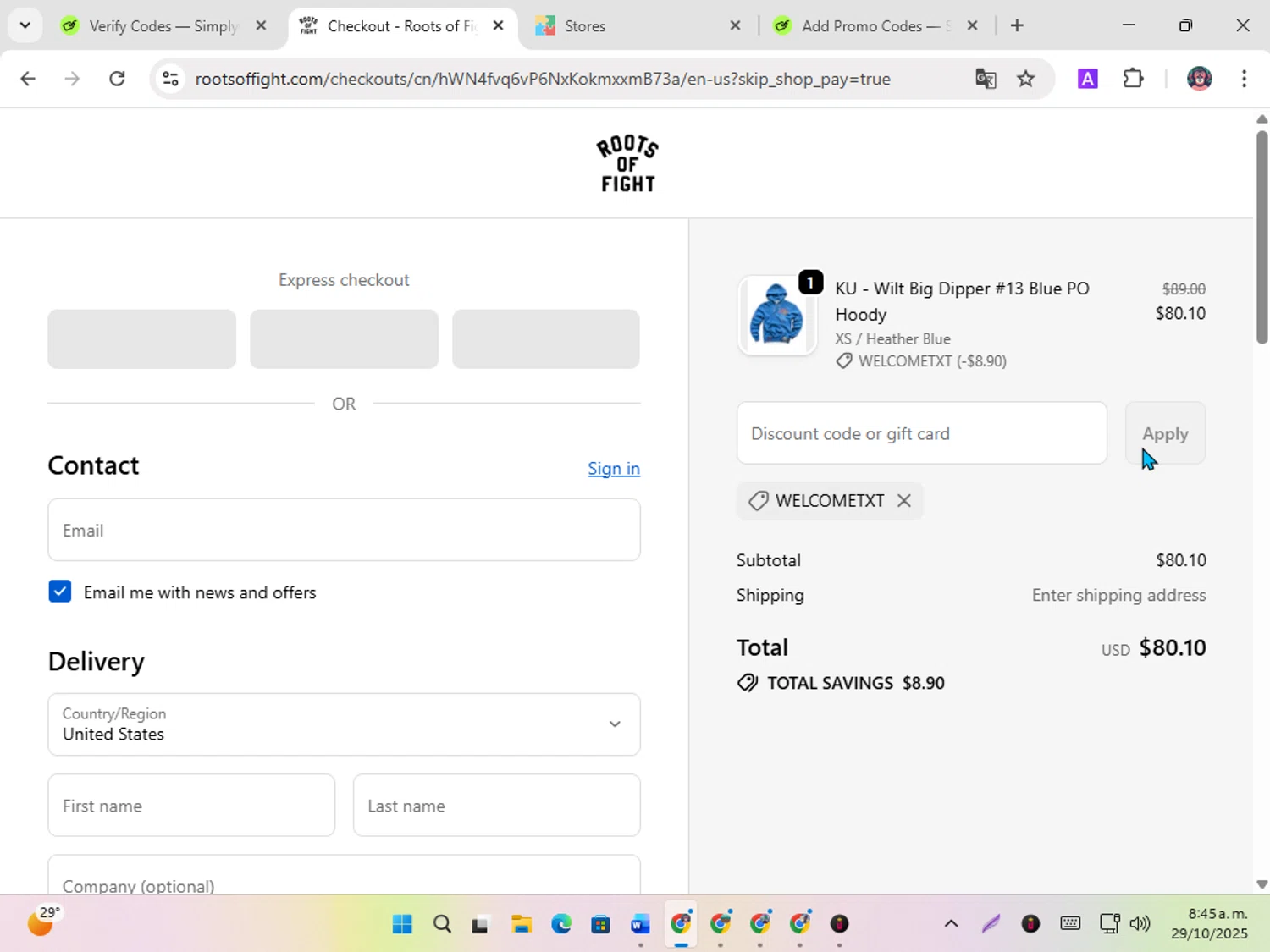 Roots of Fight discount code screenshot showing code WELCOMETXT applied at Roots of Fight checkout page. Uploaded by SimplyCodes community member karoline on Oct 29, 2025