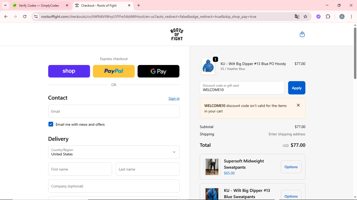 Roots of Fight discount code screenshot showing code WELCOME10 applied at Roots of Fight checkout page. Uploaded by SimplyCodes community member CrownSpotter6947 on Oct 25, 2025