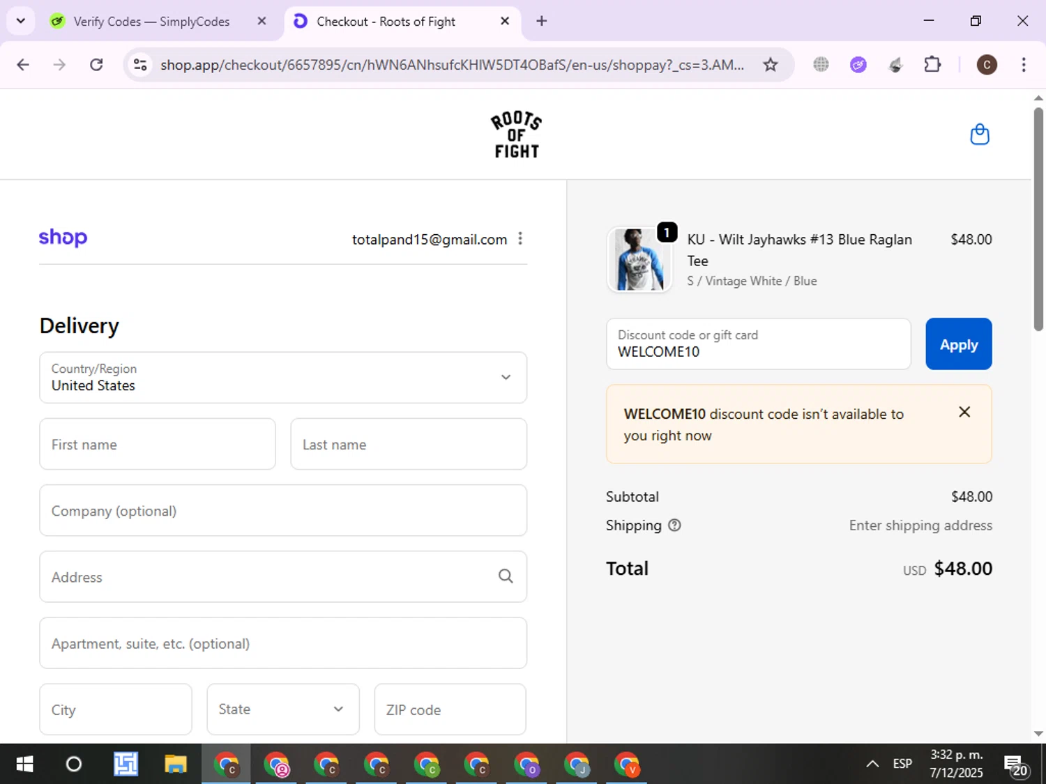 Roots of Fight discount code screenshot showing code WELCOME10 applied at Roots of Fight checkout page. Uploaded by SimplyCodes community member ExtraordinaryPro8536 on Dec 7, 2025
