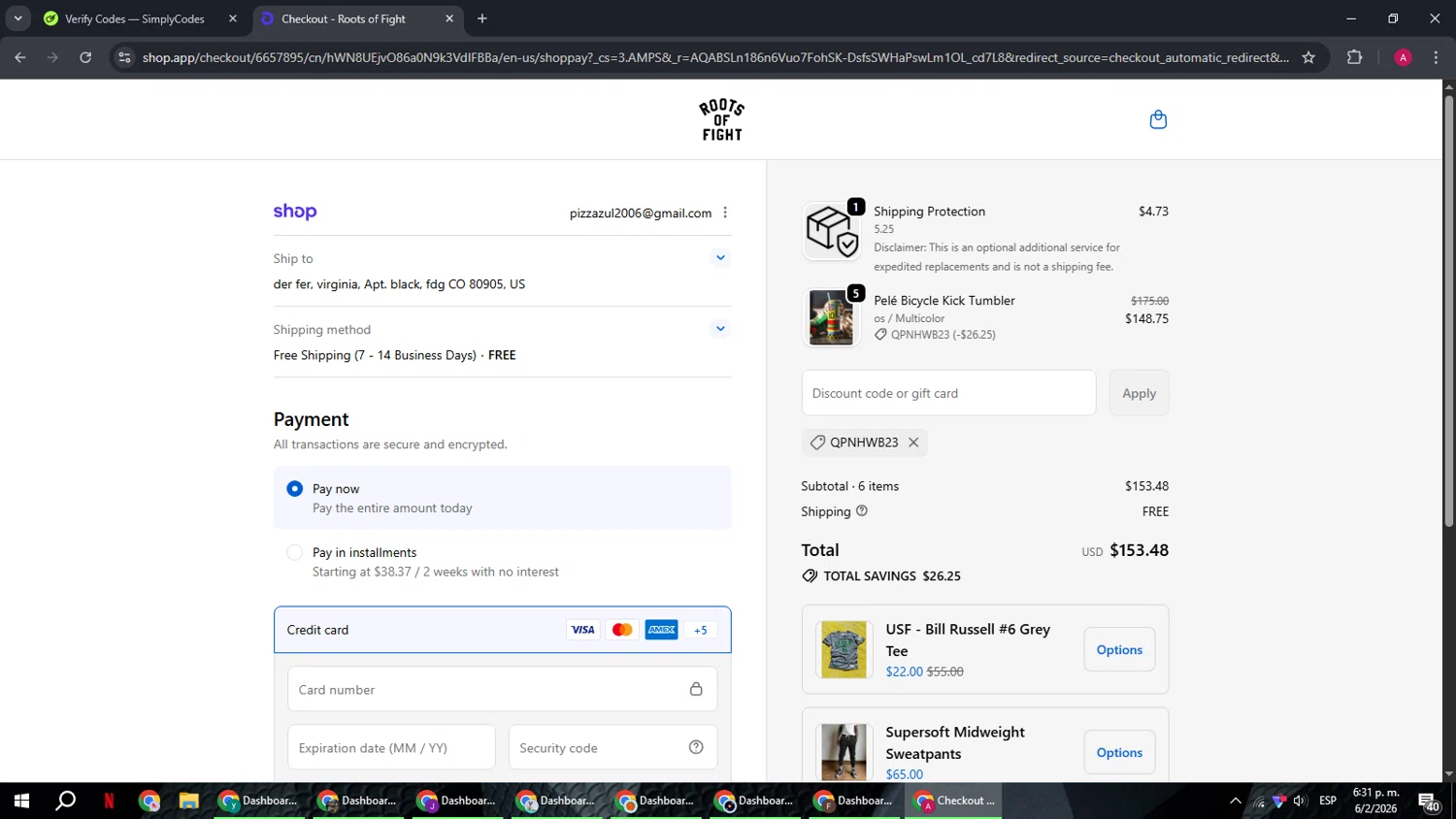 Roots of Fight discount code screenshot showing code QPNHWB23 applied at Roots of Fight checkout page. Uploaded by SimplyCodes community member BMWGS1200 on Feb 6, 2026