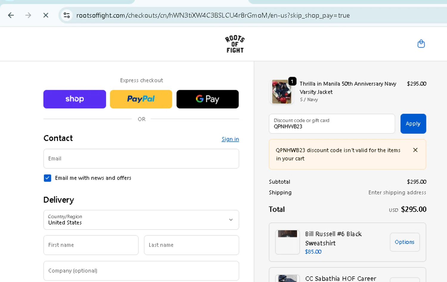Roots of Fight discount code screenshot showing code QPNHWB23 applied at Roots of Fight checkout page. Uploaded by SimplyCodes community member TokenMonarch796 on Oct 9, 2025