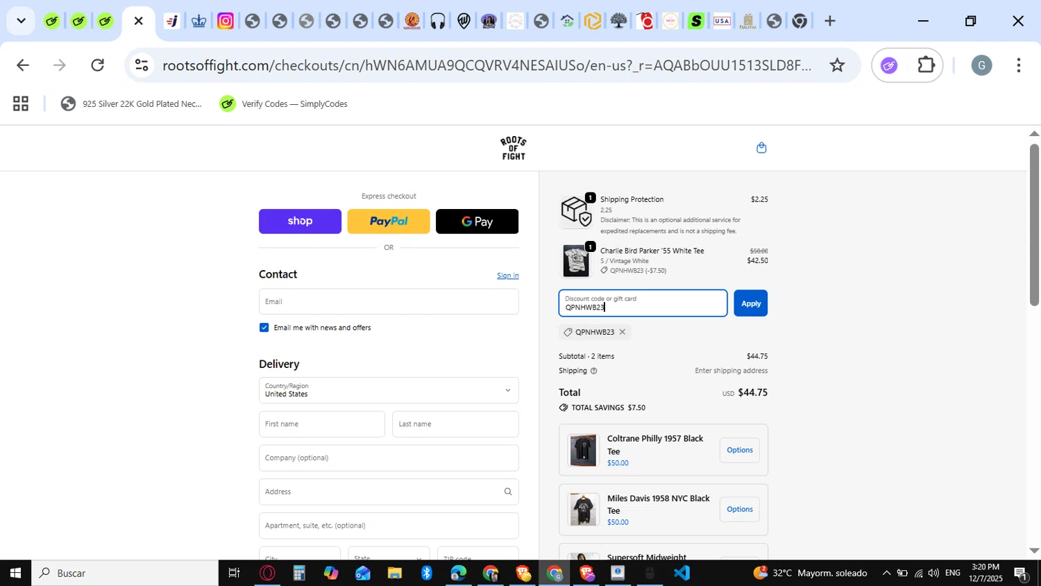 Roots of Fight discount code screenshot showing code QPNHWB23 applied at Roots of Fight checkout page. Uploaded by SimplyCodes community member guest_623525963 on Dec 7, 2025