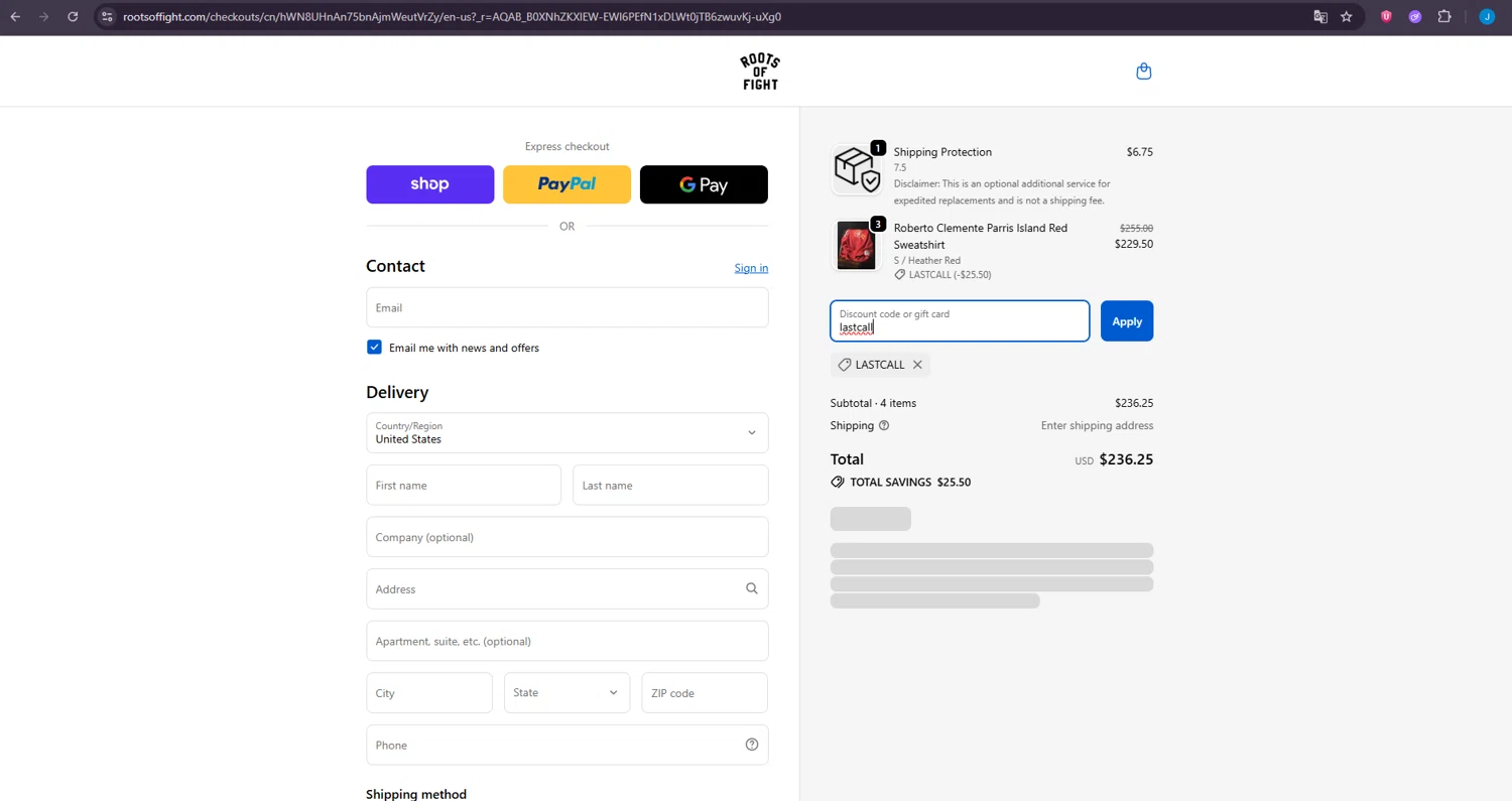 Roots of Fight checkout page showing Roots of Fight discount code box | Screenshot taken by SimplyCodes community member on Feb 6, 2026