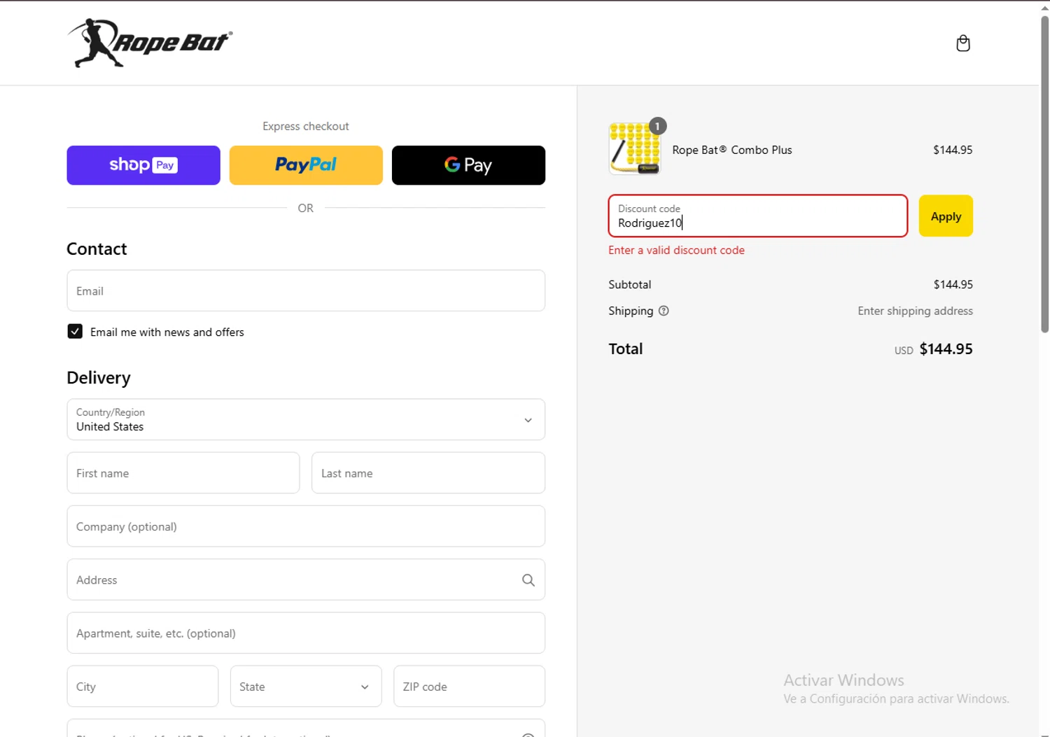 Rope Bat discount code screenshot showing code Rodriguez10 applied at Rope Bat checkout page. Uploaded by SimplyCodes community member FortunateDefender7285 on Mar 6, 2025