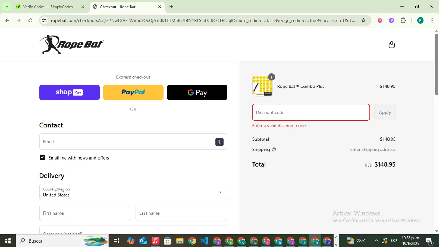 Rope Bat discount code screenshot showing code 25 applied at Rope Bat checkout page. Uploaded by SimplyCodes community member SavingsLegend387 on Jun 20, 2025