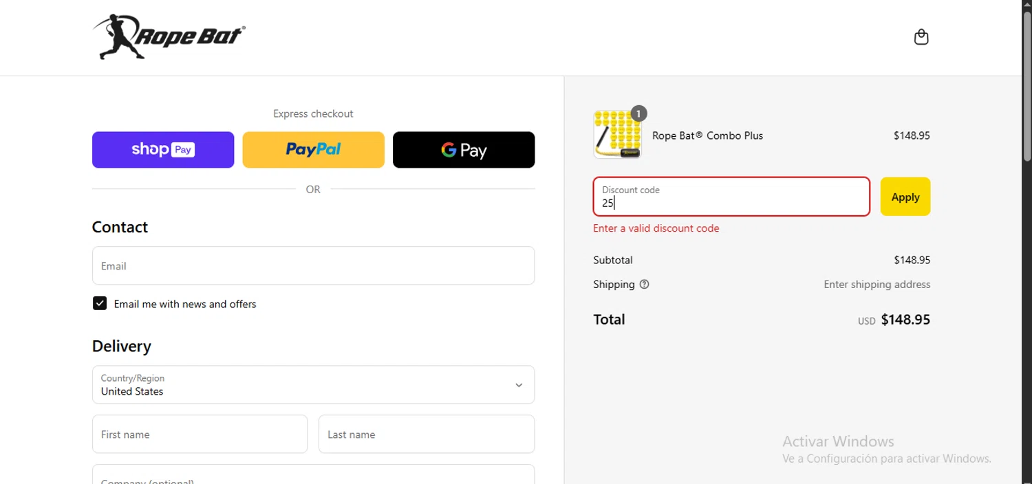 Rope Bat discount code screenshot showing code 25 applied at Rope Bat checkout page. Uploaded by SimplyCodes community member TreasureChaser3010 on Jun 20, 2025