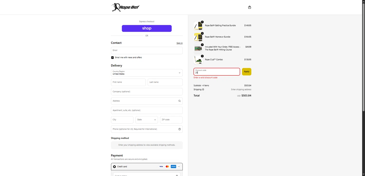 Rope Bat promo code screenshot showing code 25 applied at Rope Bat checkout page. Uploaded by SimplyCodes community member TreasureScholar8716 on Apr 9, 2026