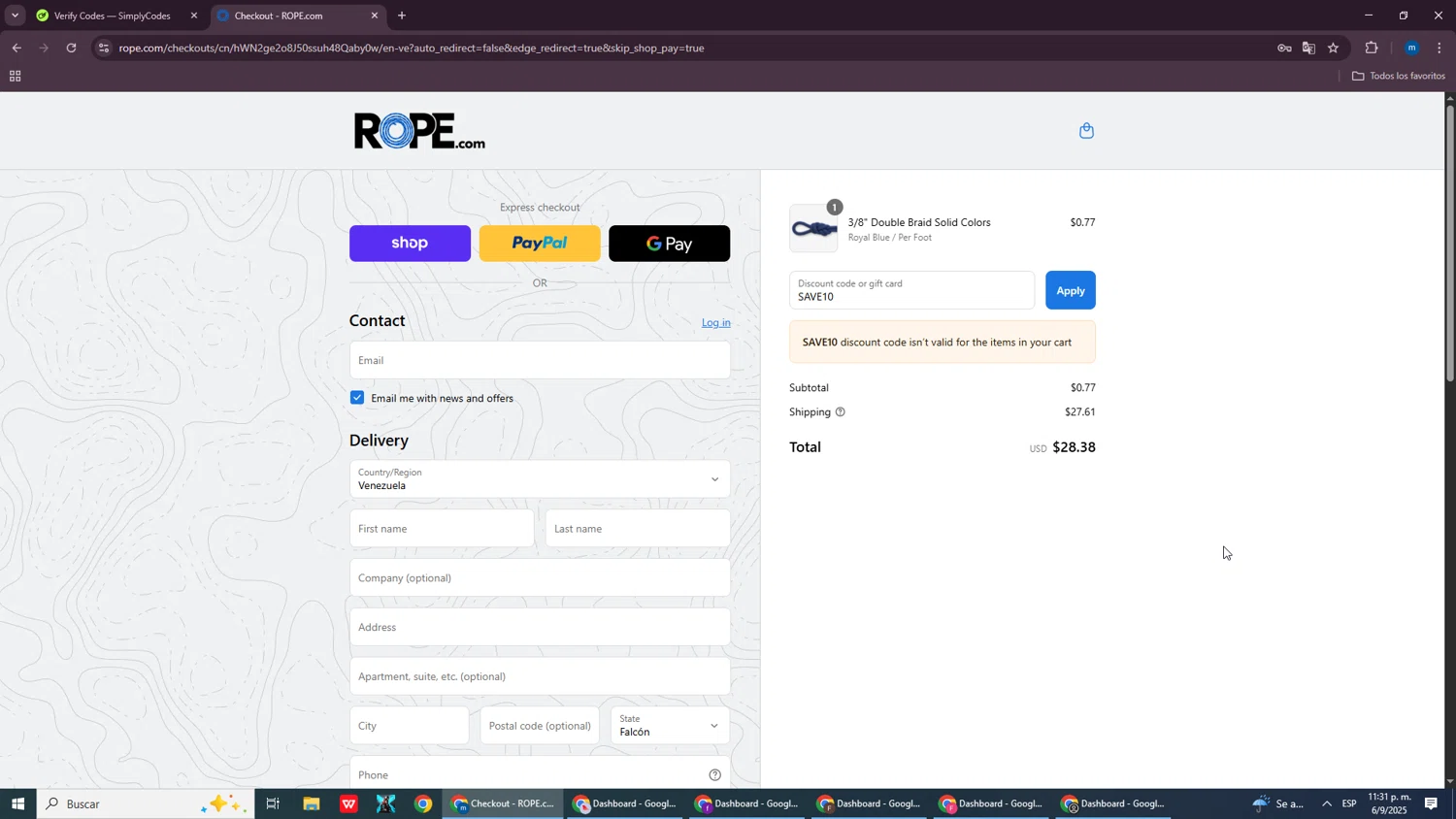 ROPE.com promo code screenshot showing code SAVE10 applied at ROPE.com checkout page. Uploaded by SimplyCodes community member SmartWizard8062 on Sep 7, 2025
