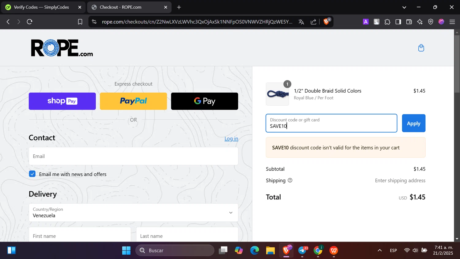 ROPE.com promo code screenshot showing code SAVE10 applied at ROPE.com checkout page. Uploaded by SimplyCodes community member hanzell2 on Feb 21, 2025