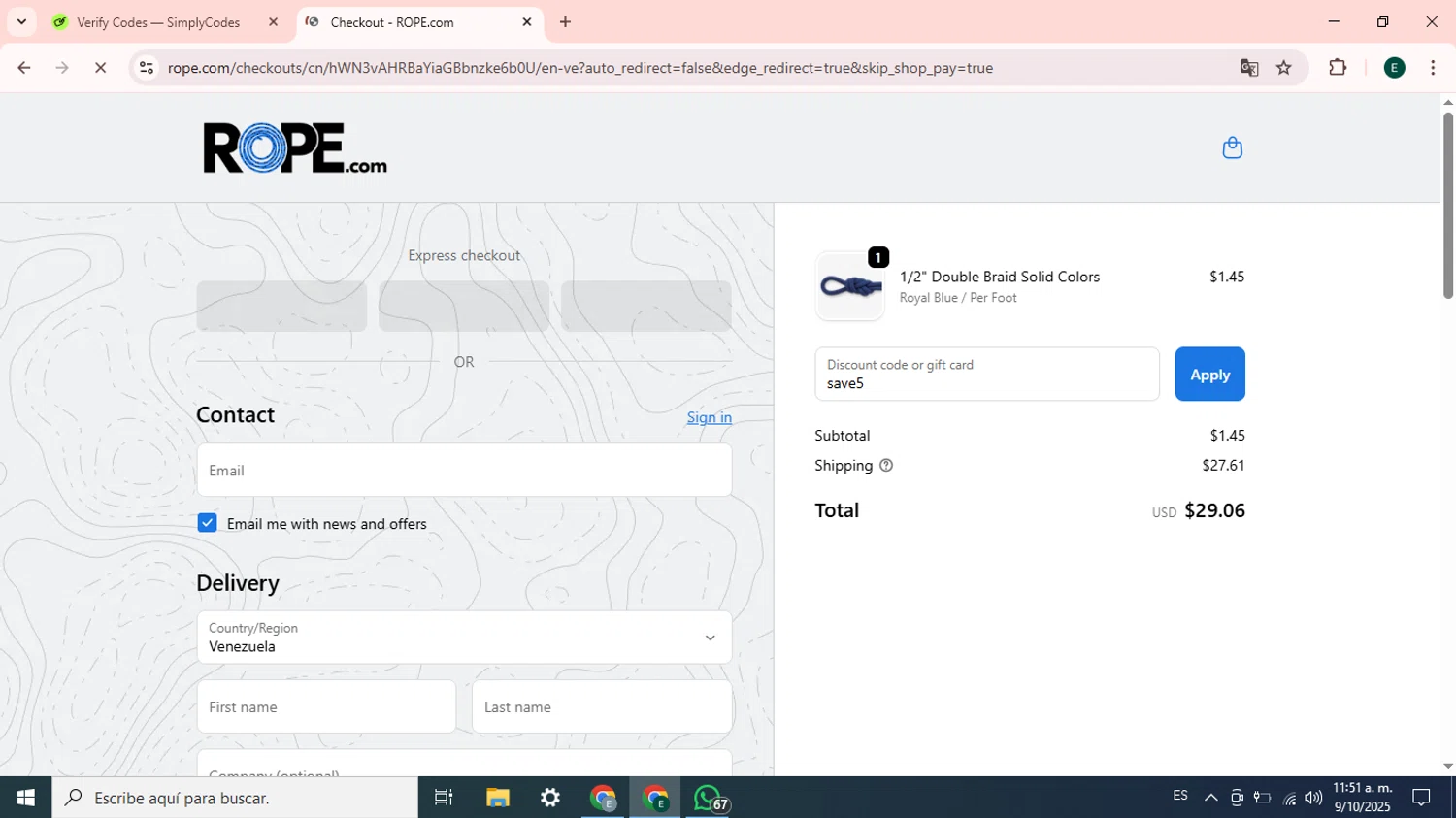 ROPE.com promo code screenshot showing code save5 applied at ROPE.com checkout page. Uploaded by SimplyCodes community member Esteban14 on Oct 9, 2025