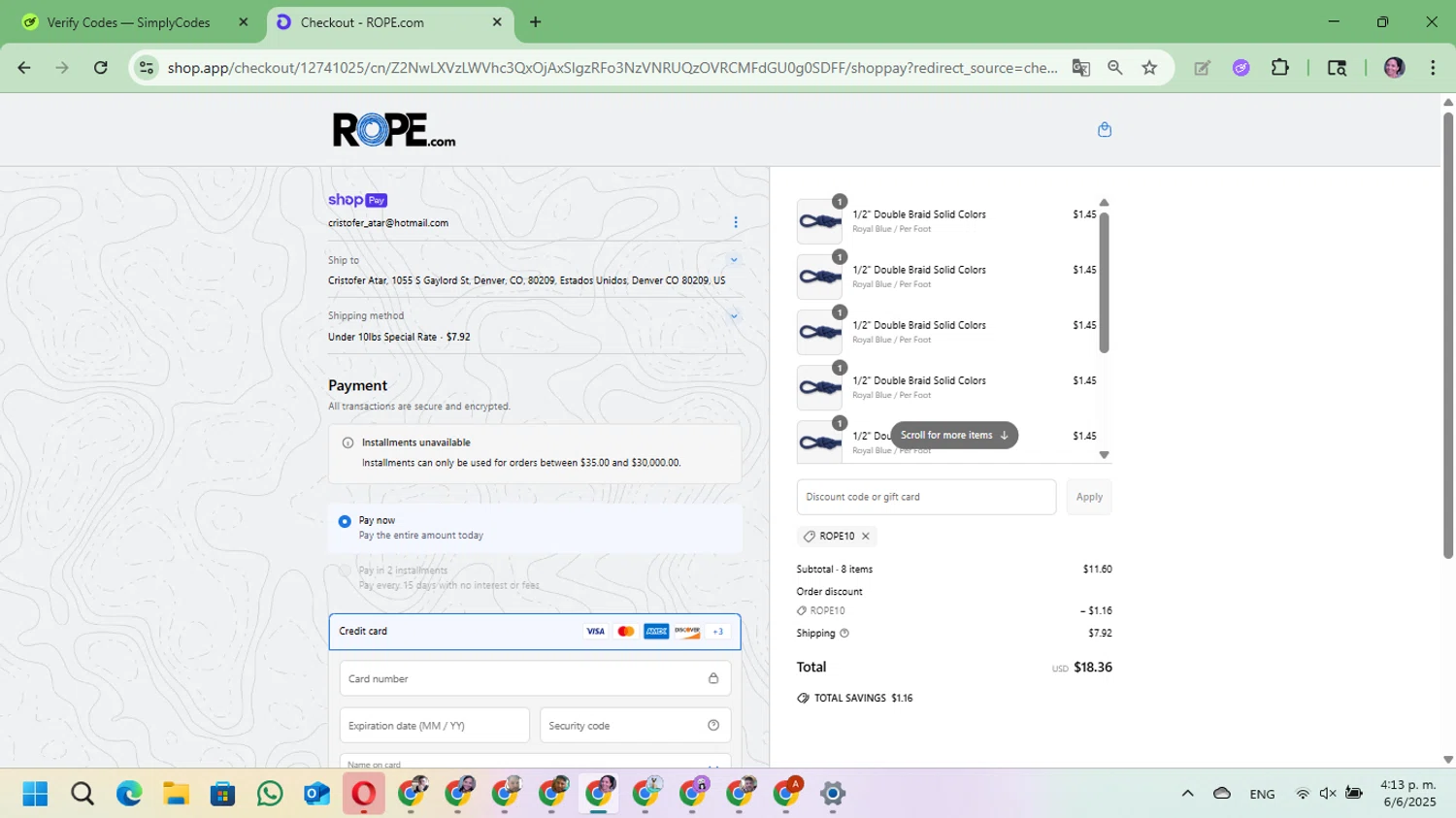ROPE.com promo code screenshot showing code ROPE10 applied at ROPE.com checkout page. Uploaded by SimplyCodes community member Mari_perez on Jun 6, 2025