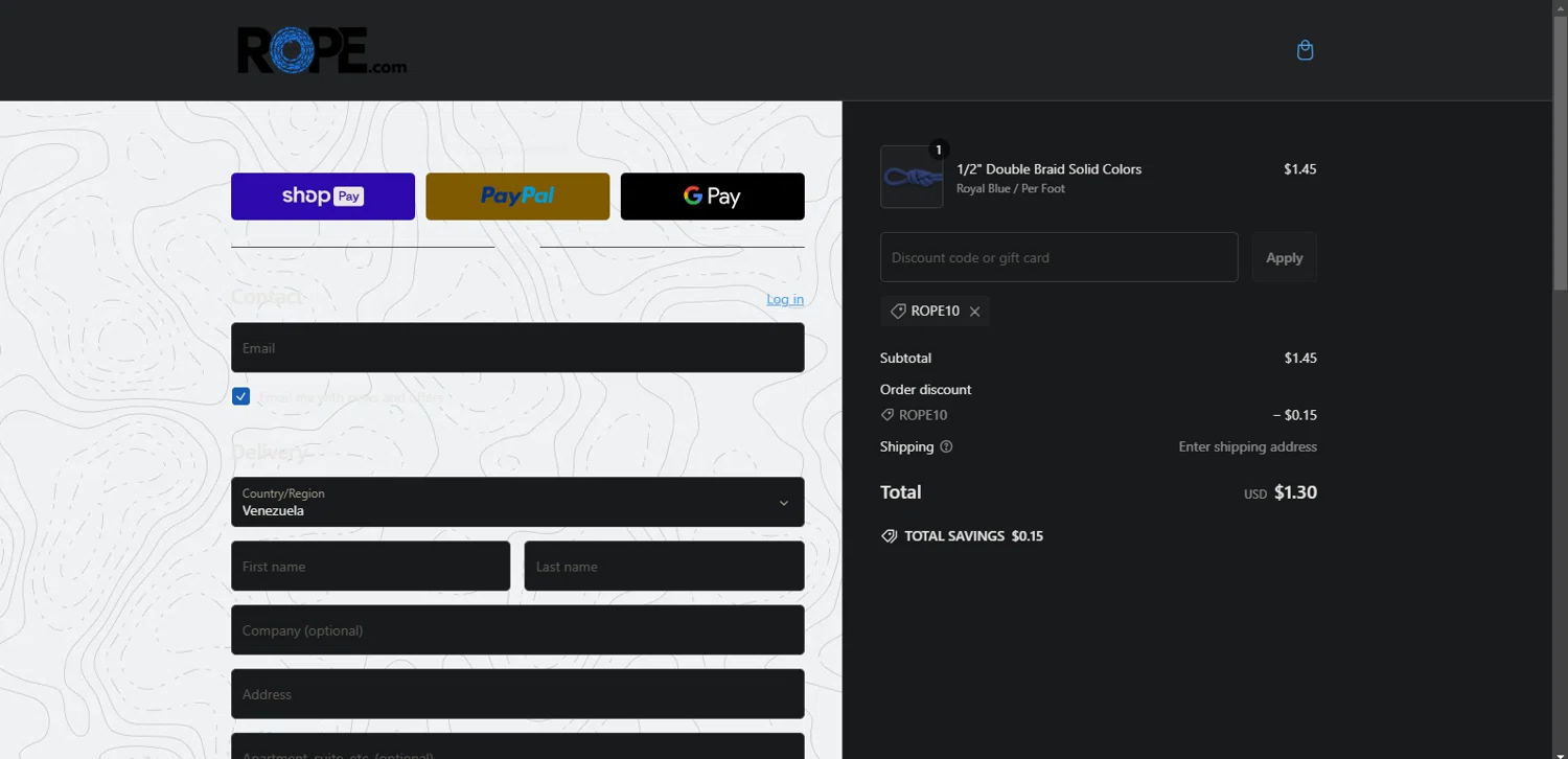 ROPE.com promo code screenshot showing code ROPE10 applied at ROPE.com checkout page. Uploaded by SimplyCodes community member Nor_man on Feb 21, 2025