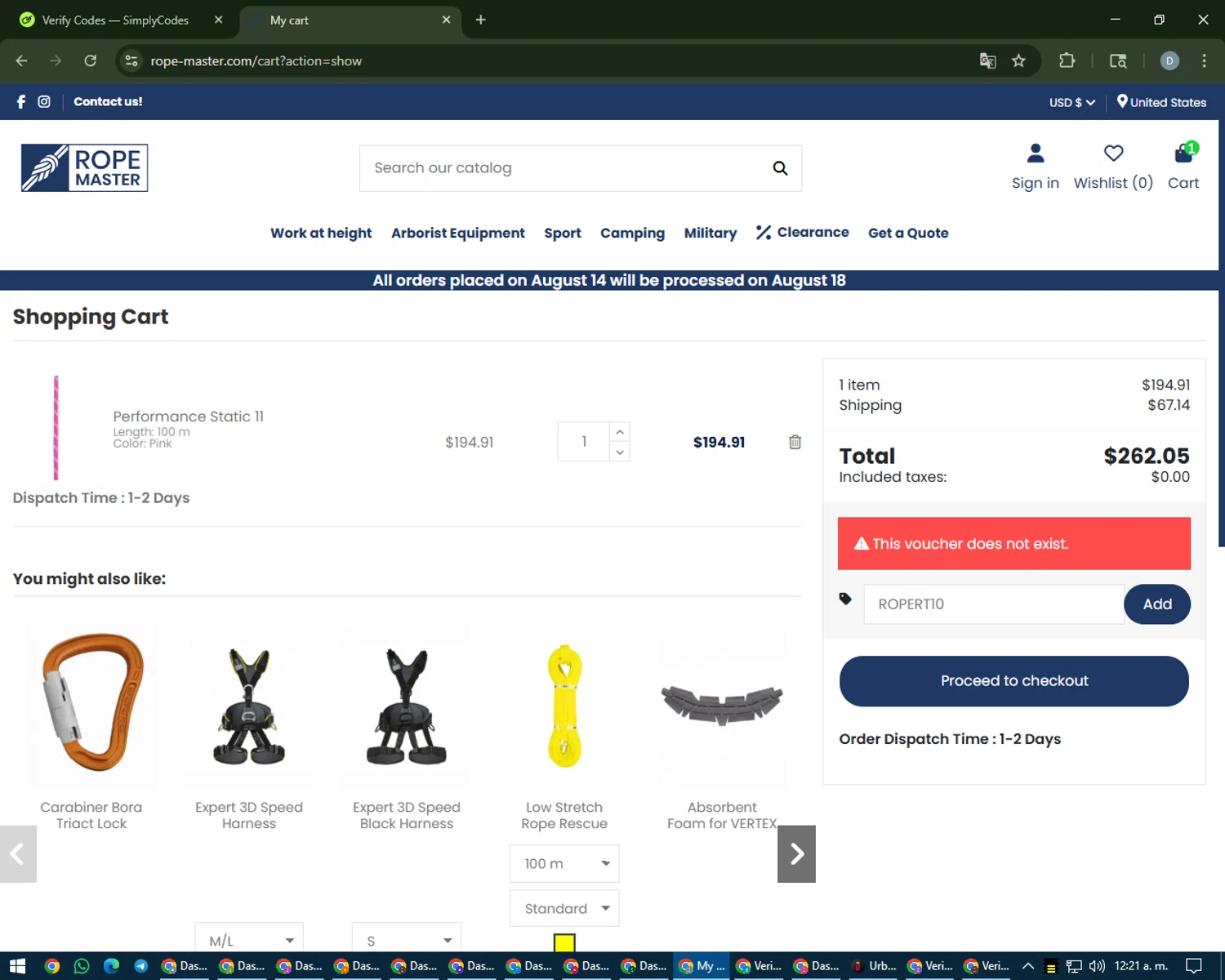 Rope Master promo code screenshot showing code ROPERT10 applied at Rope Master checkout page. Uploaded by SimplyCodes community member CleverCurator2558 on Aug 16, 2025