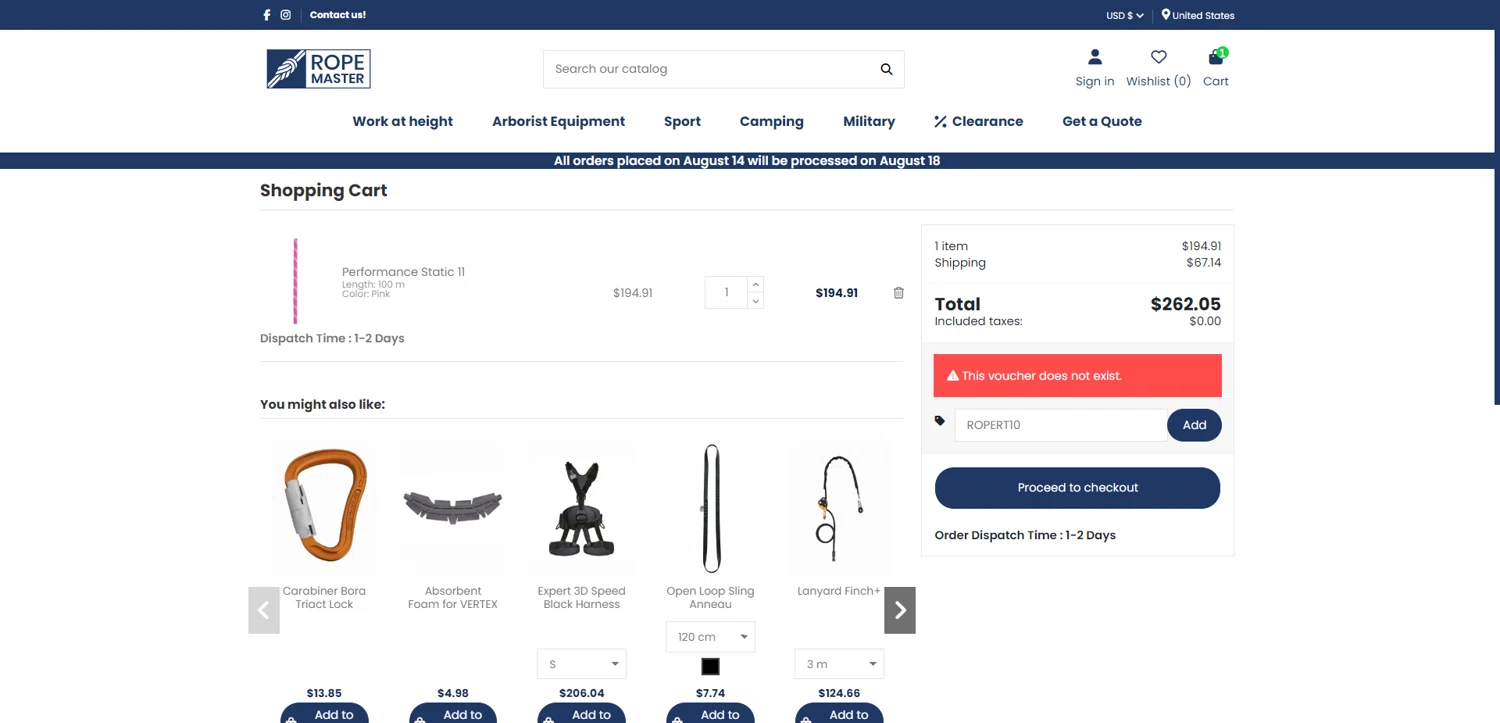 Rope Master promo code screenshot showing code ROPERT10 applied at Rope Master checkout page. Uploaded by SimplyCodes community member SwiftCurator4059 on Aug 16, 2025