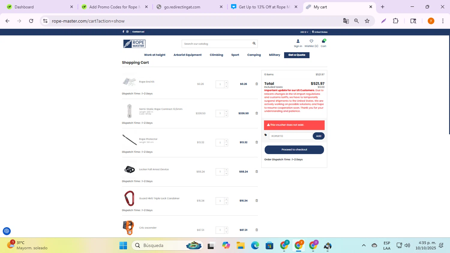 Rope Master promo code screenshot showing code ROPERT10 applied at Rope Master checkout page. Uploaded by SimplyCodes community member ycg487 on Oct 10, 2025