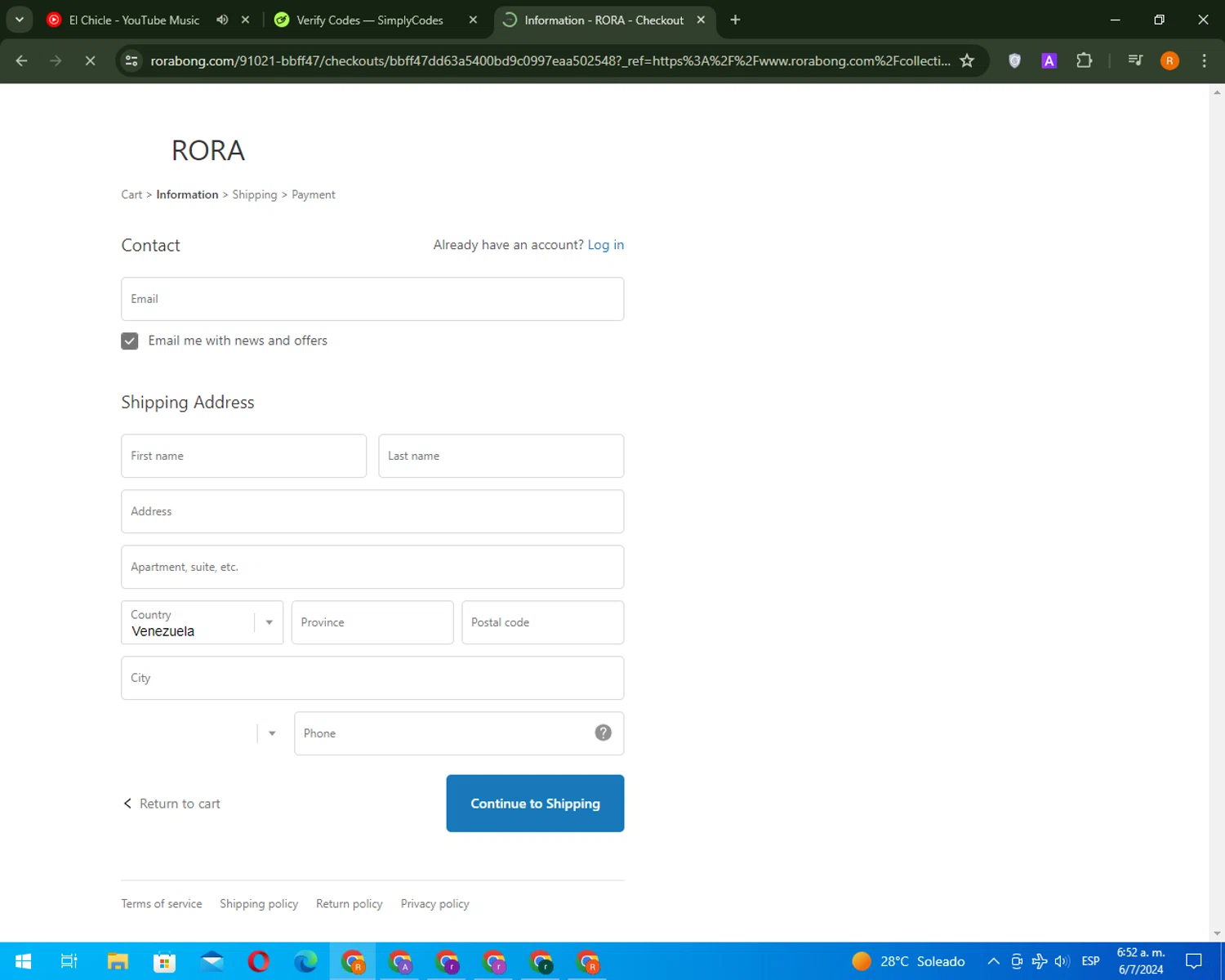 RORA checkout page showing RORA promo code box | Screenshot taken by SimplyCodes community member on Jul 6, 2024