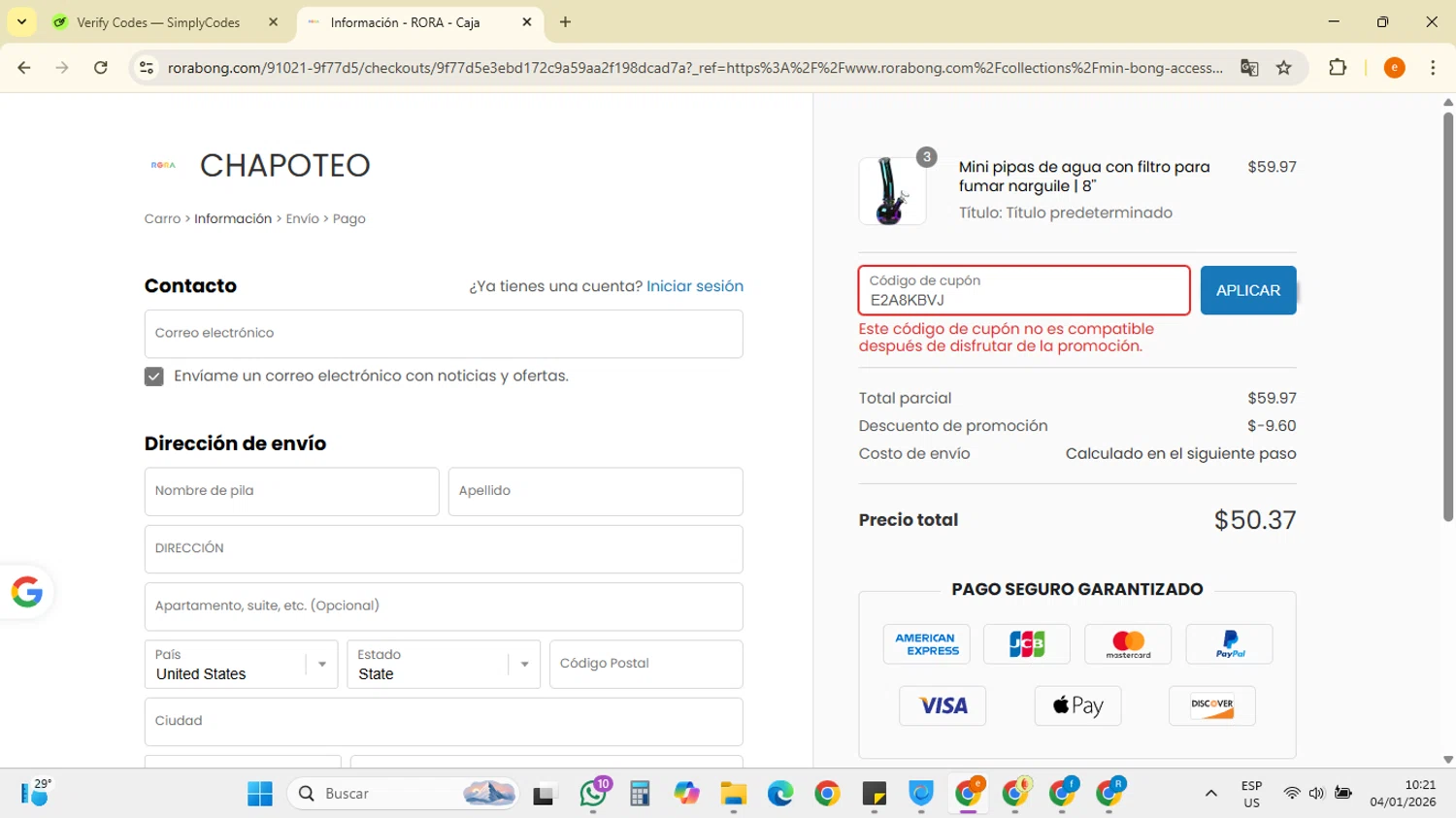 RORA promo code screenshot showing code E2A8KBVJ applied at RORA checkout page. Uploaded by SimplyCodes community member RebateSpotter7205 on Jan 4, 2026