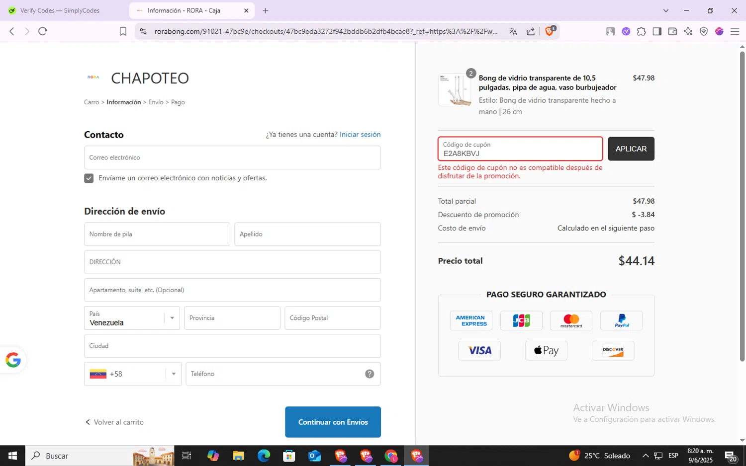 RORA checkout page showing RORA promo code box | Screenshot taken by SimplyCodes community member on Jun 9, 2025