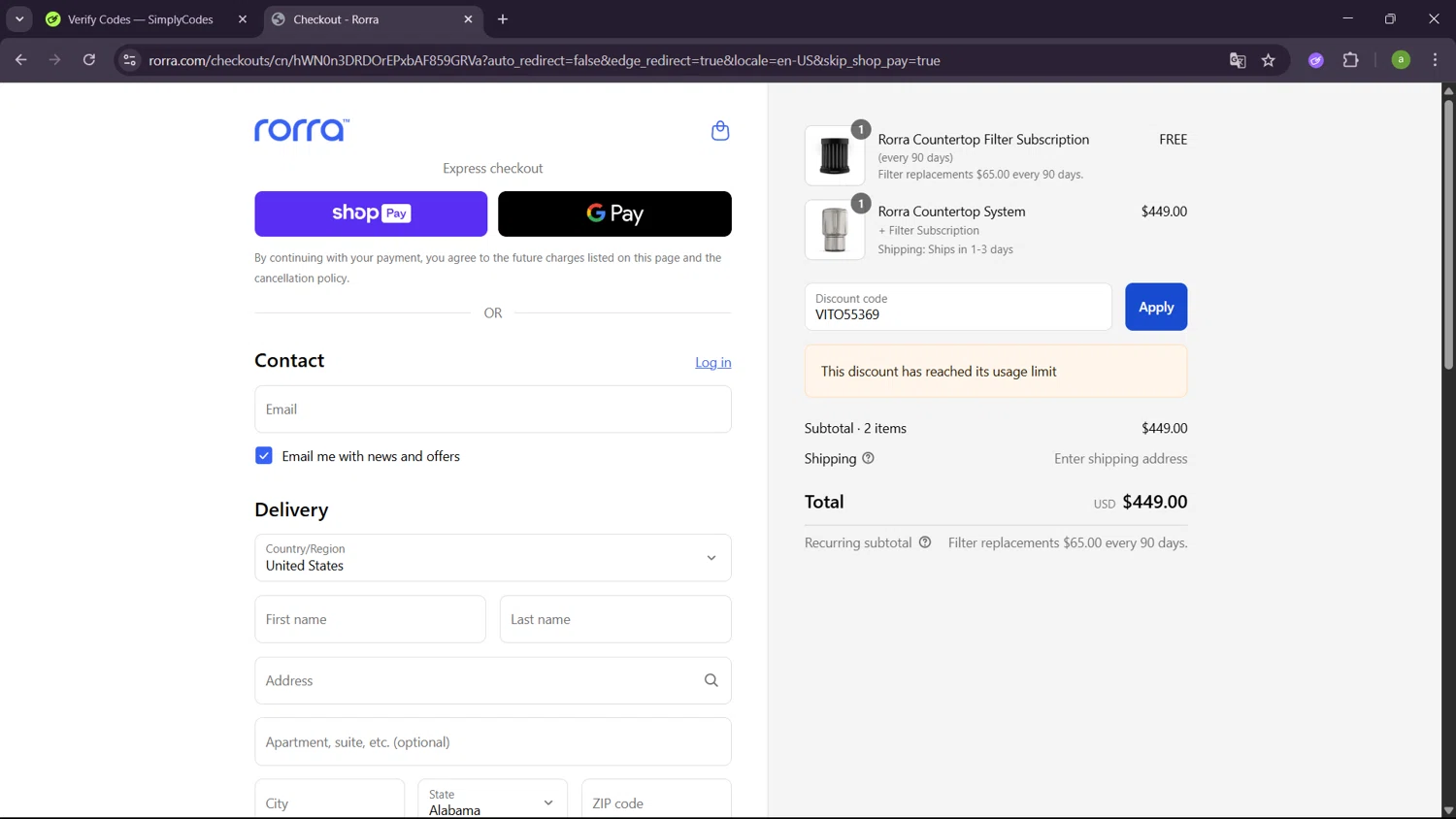 Rorra discount code screenshot showing code VITO55369 applied at Rorra checkout page. Uploaded by SimplyCodes community member SavingsHero9122 on Jul 19, 2025