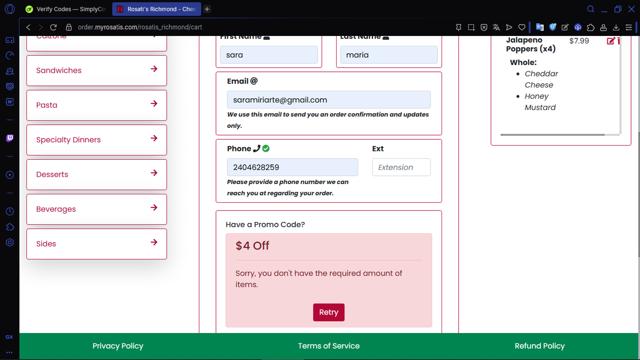 Rosati's checkout page showing Rosati's promo code box | Screenshot taken by SimplyCodes community member on Sep 9, 2025