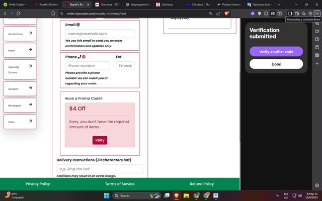Rosati's checkout page showing Rosati's promo code box | Screenshot taken by SimplyCodes community member on Sep 14, 2025