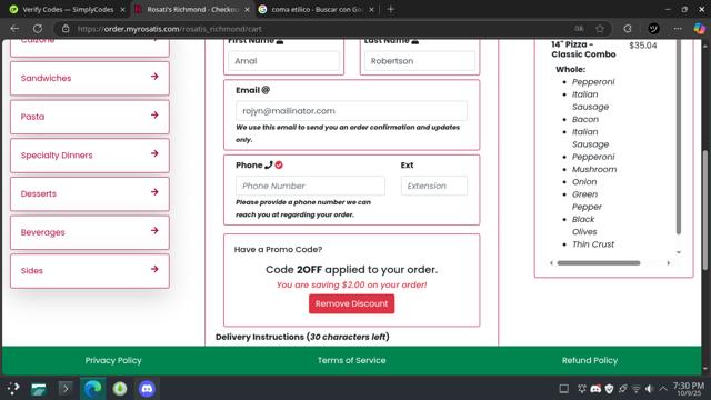Rosati's checkout page showing Rosati's promo code box | Screenshot taken by SimplyCodes community member on Sep 10, 2025