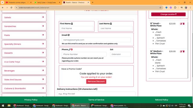 Rosati's checkout page showing Rosati's promo code box | Screenshot taken by SimplyCodes community member on Sep 10, 2025