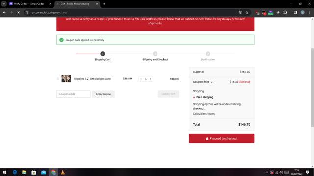 Rosco Manufacturing checkout page showing Rosco Manufacturing coupon code box | Screenshot taken by SimplyCodes community member on Feb 4, 2024