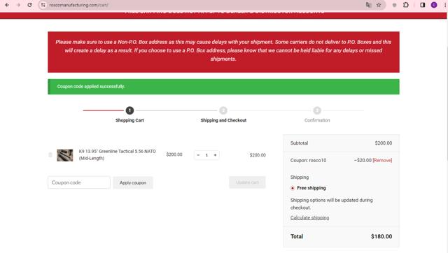 Rosco Manufacturing checkout page showing Rosco Manufacturing coupon code box | Screenshot taken by SimplyCodes community member on Feb 29, 2024