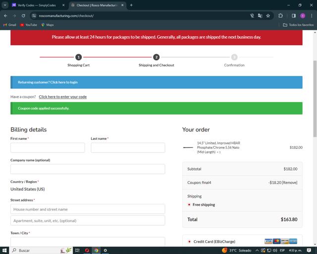 Rosco Manufacturing checkout page showing Rosco Manufacturing coupon code box | Screenshot taken by SimplyCodes community member on Mar 27, 2024