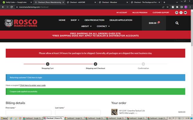 Rosco Manufacturing checkout page showing Rosco Manufacturing coupon code box | Screenshot taken by SimplyCodes community member on Oct 21, 2024