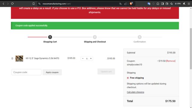 Rosco Manufacturing checkout page showing Rosco Manufacturing coupon code box | Screenshot taken by SimplyCodes community member on Aug 28, 2024