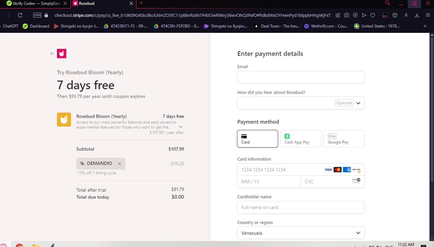 Rosebud App checkout page showing Rosebud App promo code box | Screenshot taken by SimplyCodes community member on Oct 30, 2024