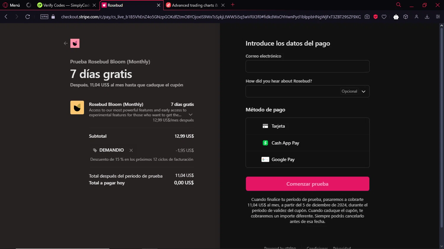 Rosebud App checkout page showing Rosebud App promo code box | Screenshot taken by SimplyCodes community member on Nov 28, 2024