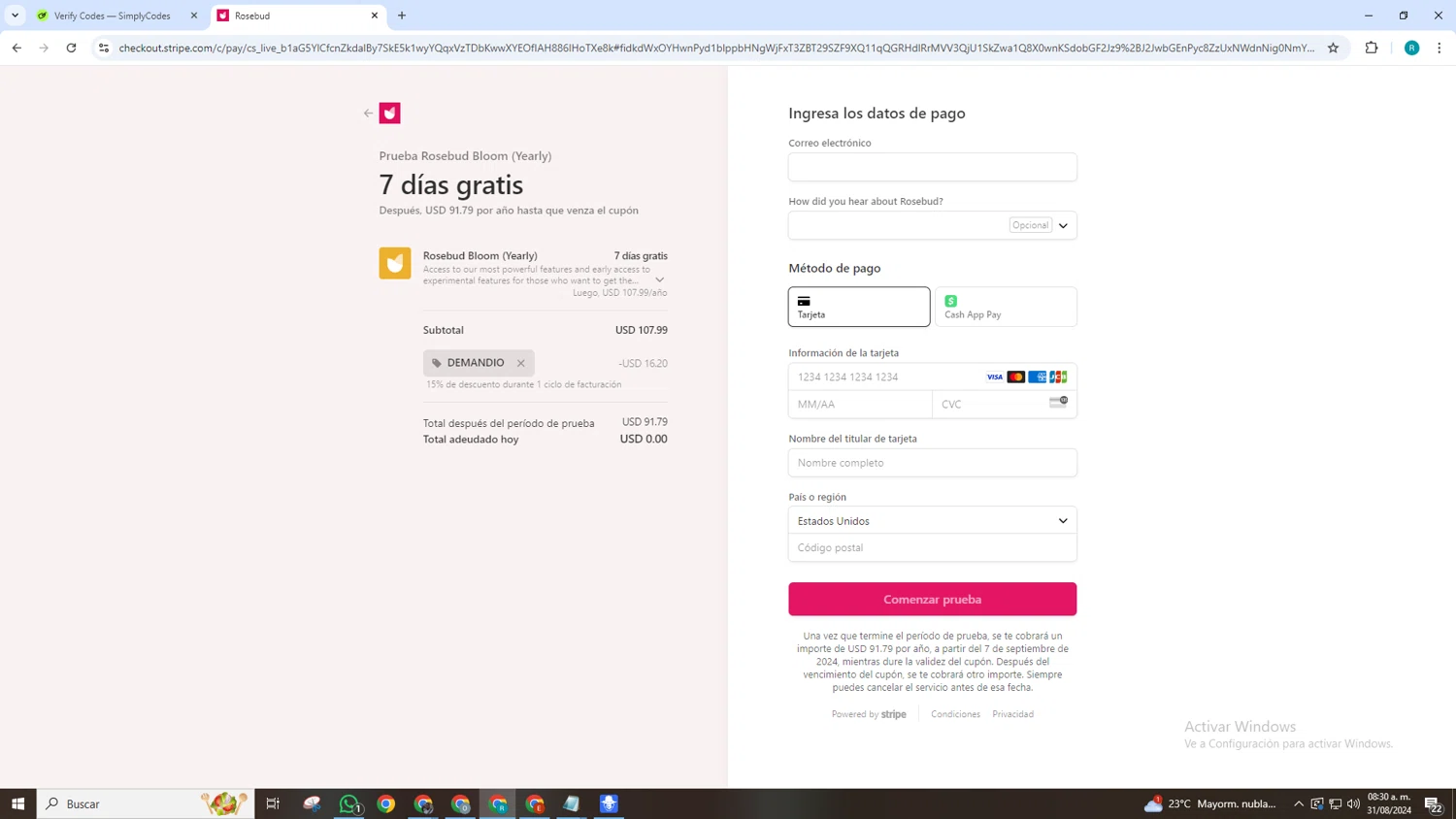 Rosebud App checkout page showing Rosebud App promo code box | Screenshot taken by SimplyCodes community member on Aug 31, 2024
